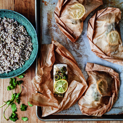 Halibut Pockets with Spiced Olive Tapenade and Kasha
