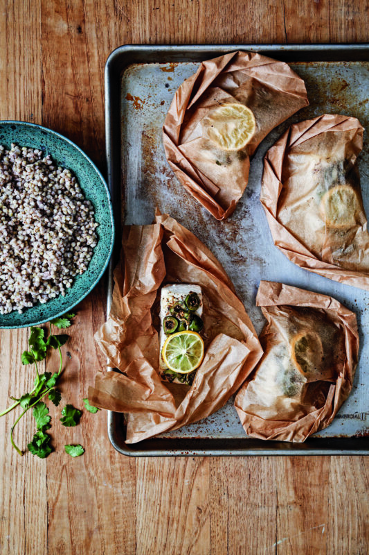 Halibut Pockets with Spiced Olive Tapenade and Kasha