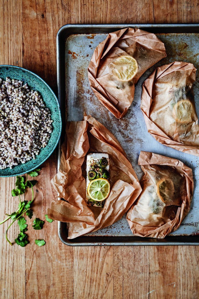 Halibut Pockets with Spiced Olive Tapenade and Kasha