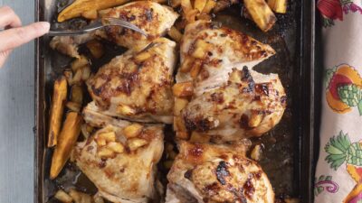 Hawaiian sheet pan chicken with pineapple and sweet potato