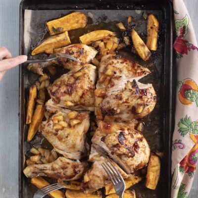 Hawaiian sheet pan chicken with pineapple and sweet potato