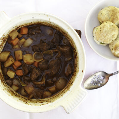 Hearty Beef Stew with Scallion Biscuits