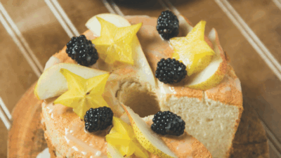 Honey Angel Food cake is soft and fluffy