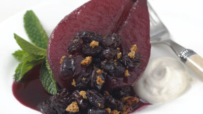 Honey Poached Pears with Amaretti Raisin Topping