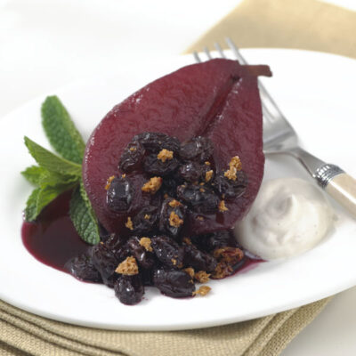 Honey Poached Pears with Amaretti Raisin Topping