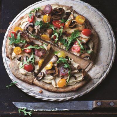 Hummus Pizza with Arugula and Wild Mushrooms