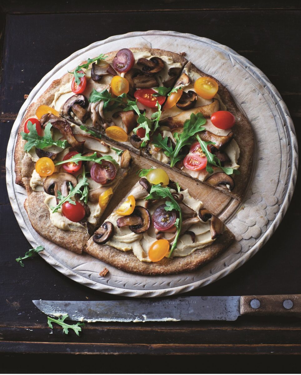 Hummus Pizza with Arugula and Wild Mushrooms