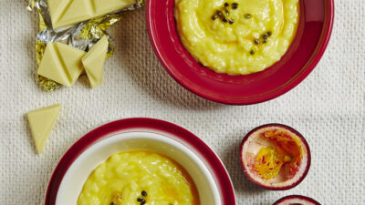 White Chocolate Rice Pudding with Passion Fruit