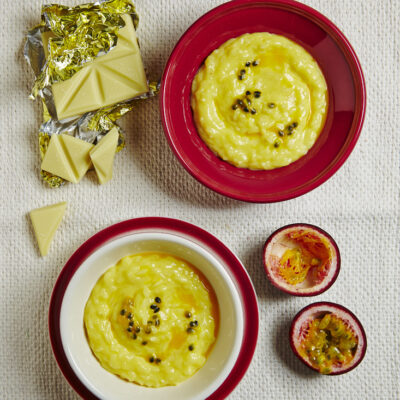 White Chocolate Rice Pudding with Passion Fruit