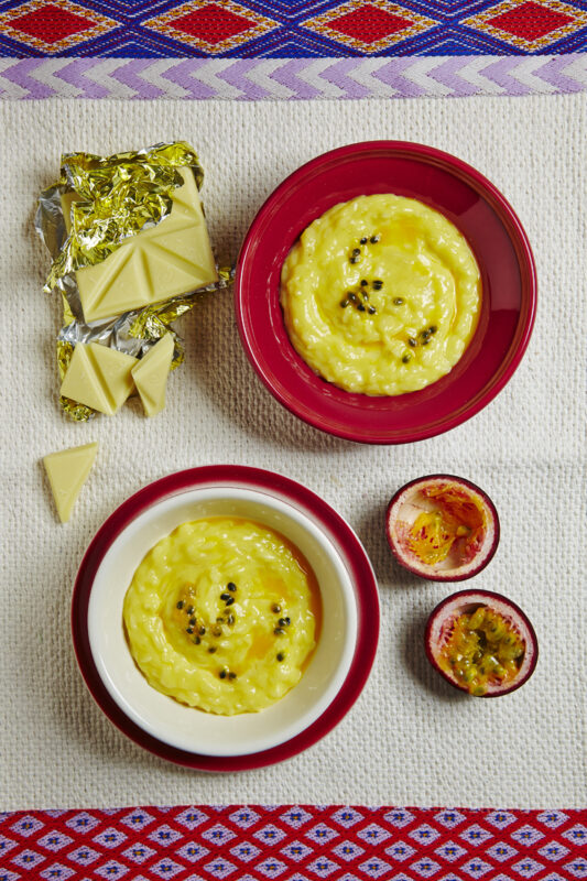 White Chocolate Rice Pudding with Passion Fruit