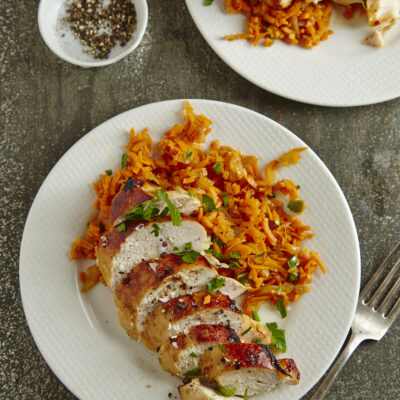 Spanish Sweet-Potato Rice with Honey-Lime Marinated Chicken Pg. 40