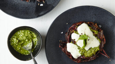 Beet Pizza with Arugula Walnut Pesto Pg. 39