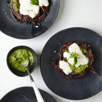 Beet Pizza with Arugula Walnut Pesto Pg. 39