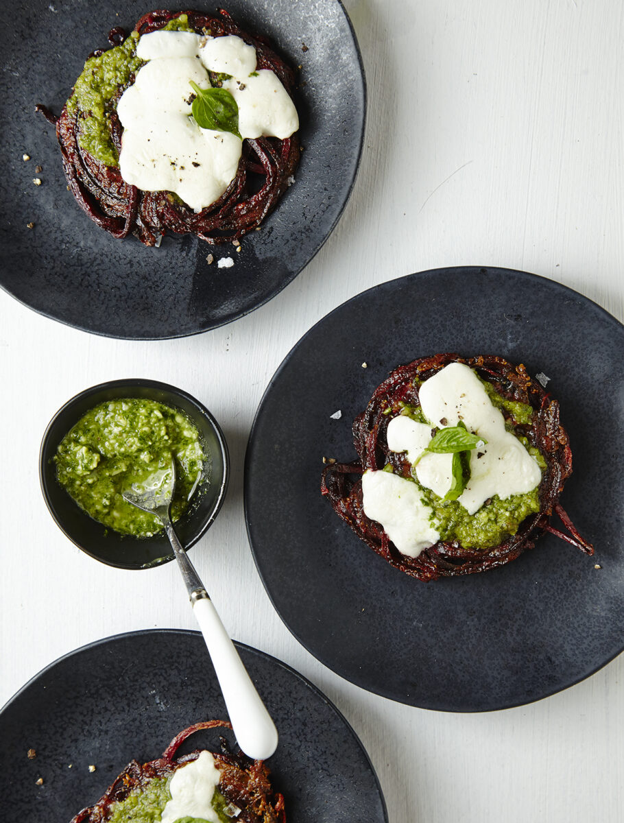 Beet Pizza with Arugula Walnut Pesto Pg. 39