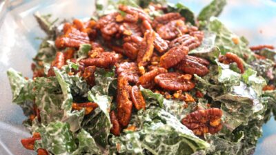 Kale Caesar Salad with Garlic Rosemary Pecan Croutons