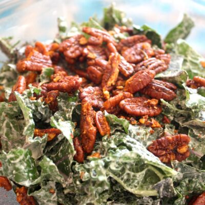 Kale Caesar Salad with Garlic Rosemary Pecan Croutons