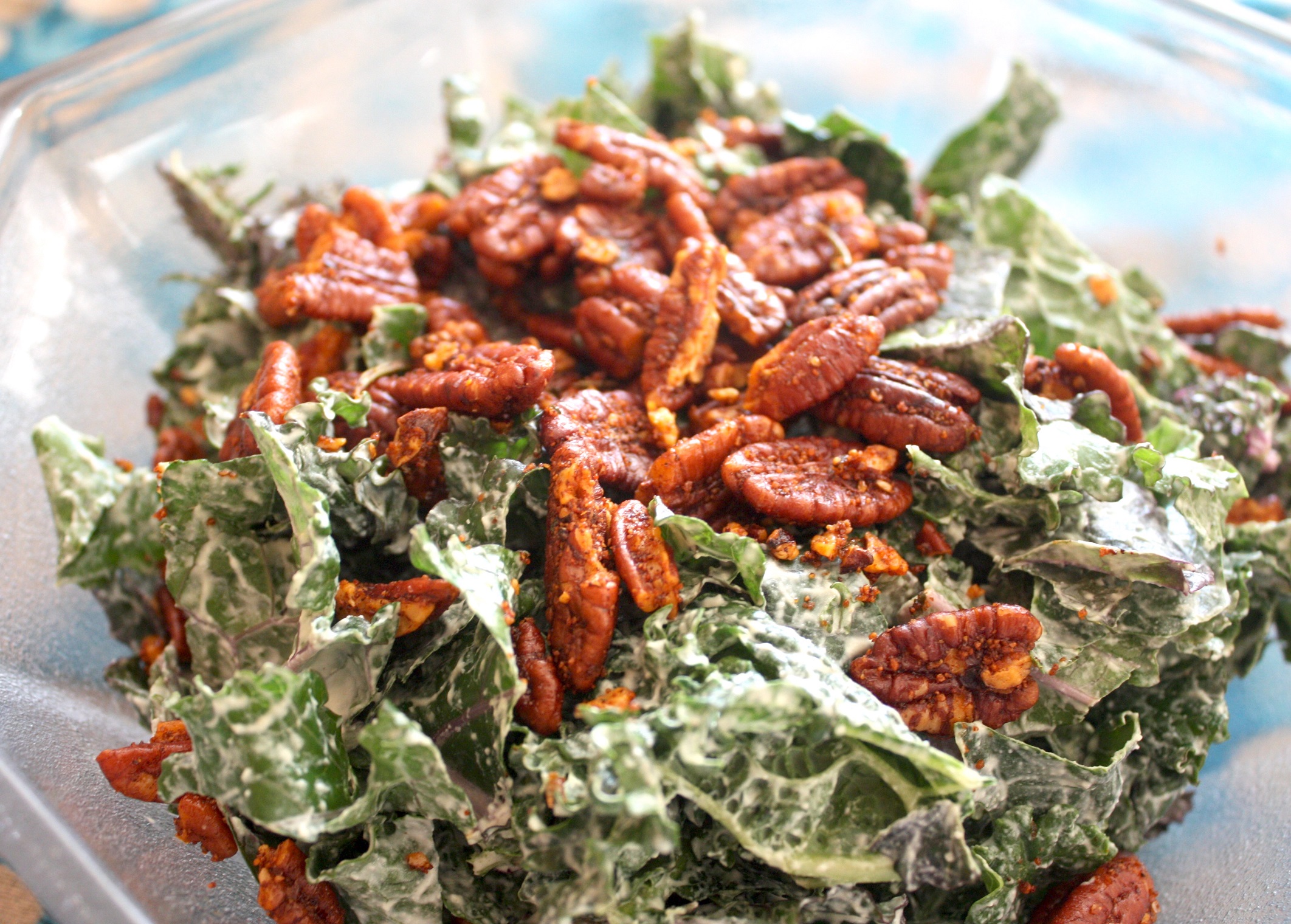 Kale Caesar Salad with Garlic Rosemary Pecan Croutons