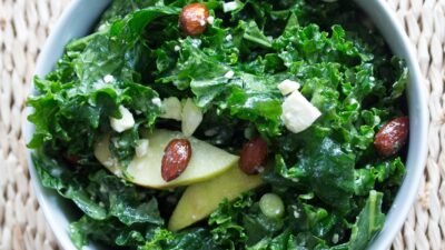 KALE SALAD WITH CANDIED ALMONDS, APPLES AND MAPLE DRESSING