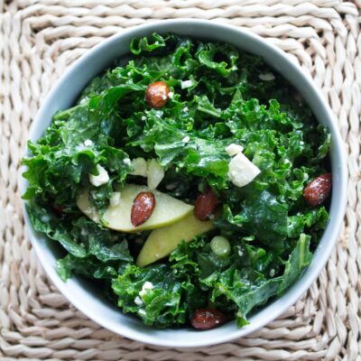 KALE SALAD WITH CANDIED ALMONDS, APPLES AND MAPLE DRESSING