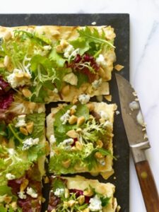 Lavash Pizza with a Salad of Greens, Gorgonzola & Toasted Almonds