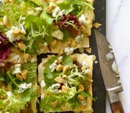 Lavash Pizza with a Salad of Greens, Gorgonzola & Toasted Almonds
