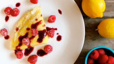 Lemon Cream Cheese Gluten-Free Crepes with Raspberry Sauce