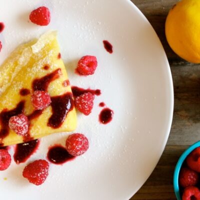 Lemon Cream Cheese Gluten-Free Crepes with Raspberry Sauce
