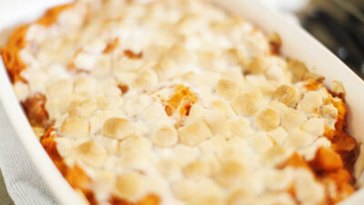 mashed sweet ptoatoes with honey and marshmallow topping