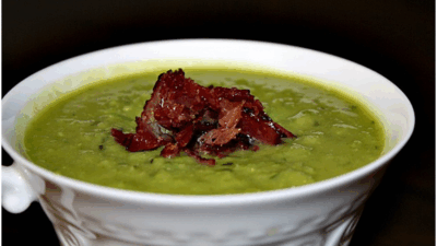 minted pea soup with kosher bacon