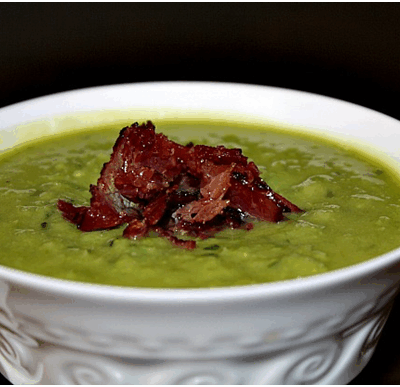 minted pea soup with kosher bacon