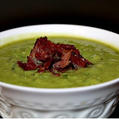 minted pea soup with pastrami