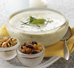 Minted Yogurt Soup with California Raisins, Walnuts and Chives
