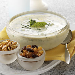 Minted Yogurt Soup with California Raisins, Walnuts and Chives