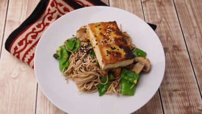 miso glazed tofu with soba noodles