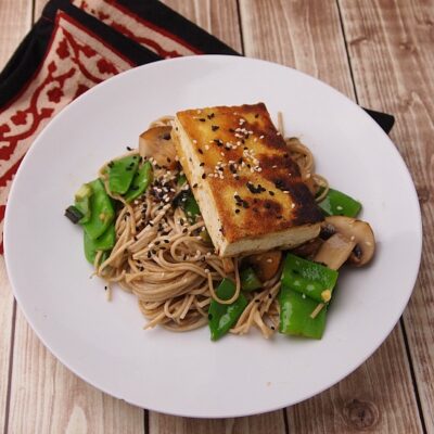 miso glazed tofu with soba noodles