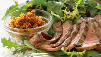 Mixed Greens with Grilled Steak & Walnut Romesco
