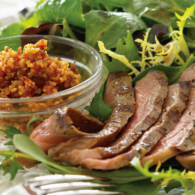 Mixed Greens with Grilled Steak & Walnut Romesco