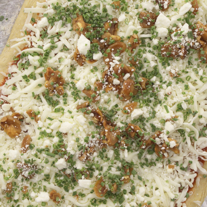 mushroom chive goat cheese pizza