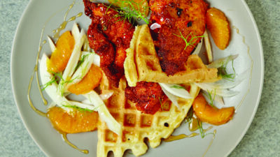 Orange Honey Spicy Fried Chicken on Zestsy Waffles