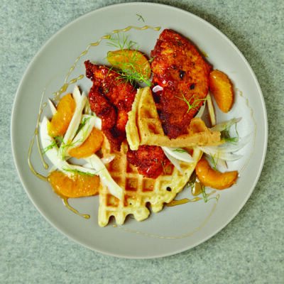 Orange Honey Spicy Fried Chicken on Zestsy Waffles