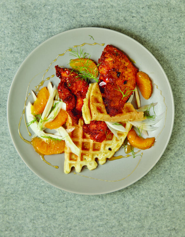 Orange Honey Spicy Fried Chicken on Zestsy Waffles
