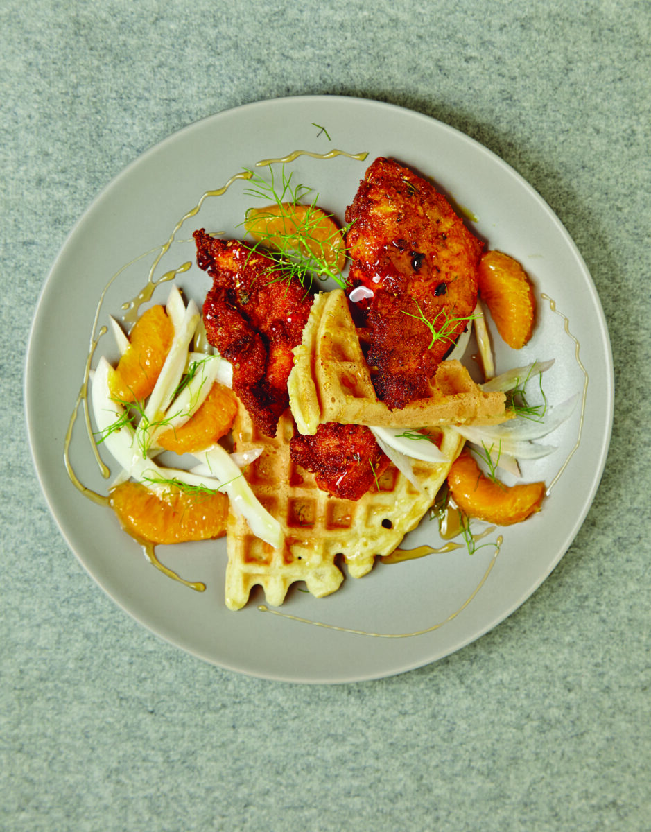 Orange Honey Spicy Fried Chicken on Zestsy Waffles
