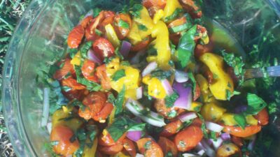 Oven Roasted Tomato, Basil and Roasted Pepper Salad