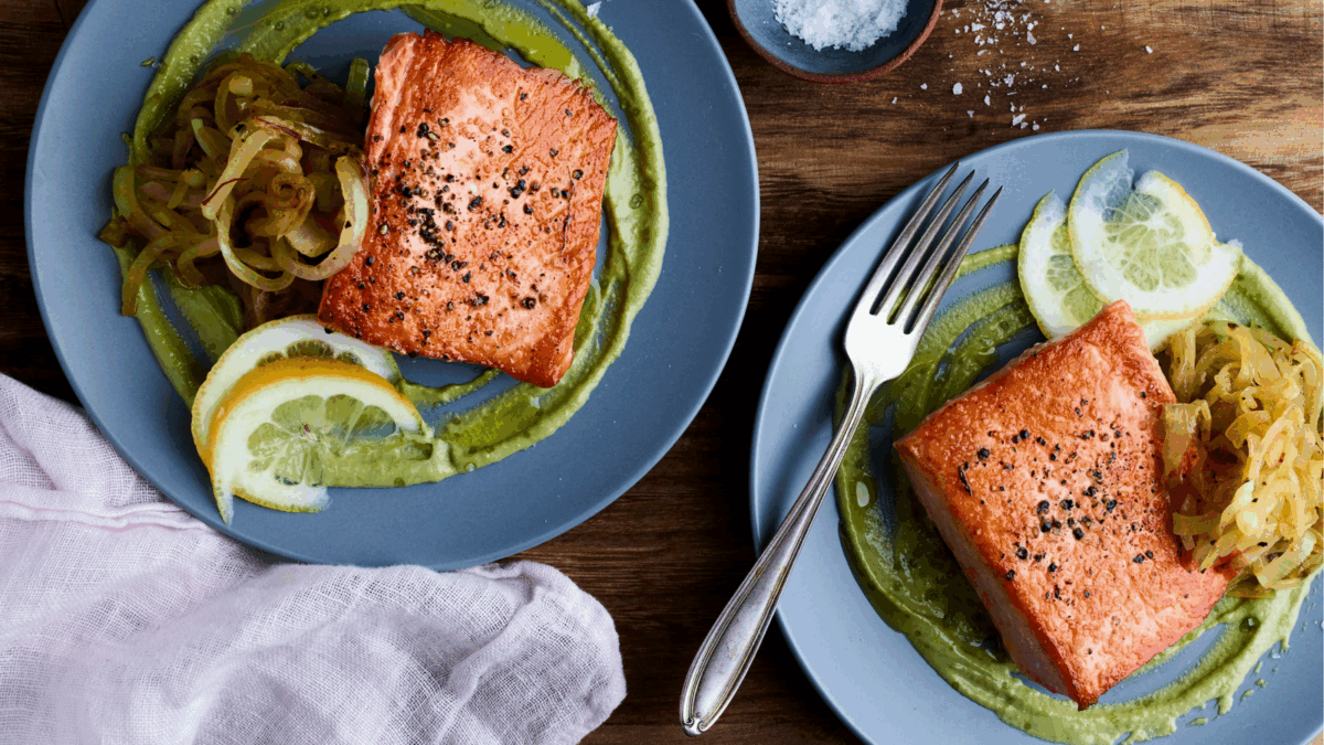 Pan Seared Salmon with Herbed Garlicky Tahini and Saffron Onions