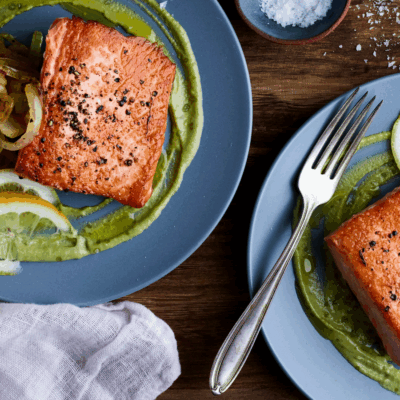 Pan Seared Salmon with Herbed Garlicky Tahini and Saffron Onions