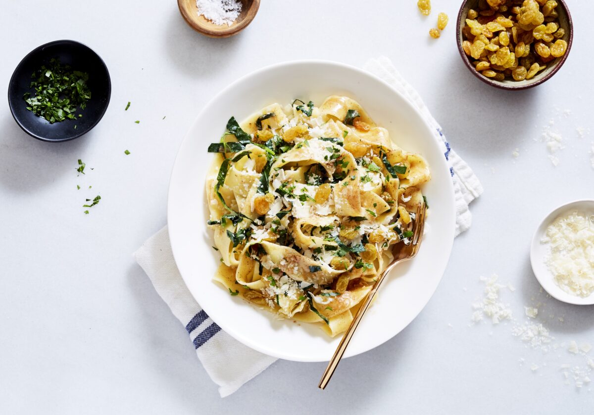 Pappardelle Pasta with Brown Butter, Raisins, and Wilted Kale