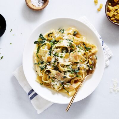 Pappardelle Pasta with Brown Butter, Raisins, and Wilted Kale