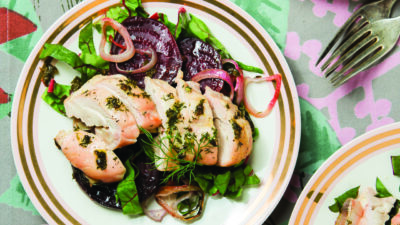 Pargiot with roasted beets and greens