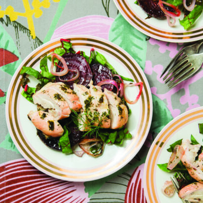 Pargiot with roasted beets and greens