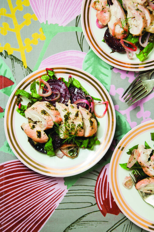 Pargiot with roasted beets and greens